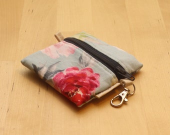 Mini Zipper Pouch Bag - Coin or Earbuds Keychain Zipper Pouch - Blue Floral Watercolour Print