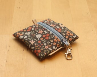 Mini Zipper Pouch Bag - Coin or Earbuds Keychain Zipper Pouch - Small Grey Background Floral Print