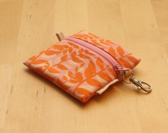 Mini Zipper Pouch Bag - Coin or Earbuds Keychain Zipper Pouch - Pink and Orange Leaves Print