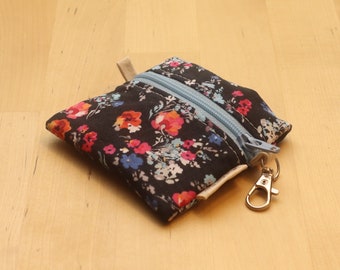 Mini Zipper Pouch Bag - Coin or Earbuds Keychain Zipper Pouch - Small Navy Background Floral Print