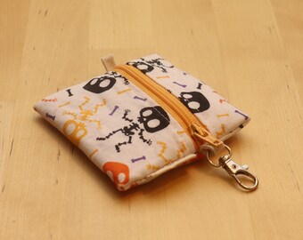 Mini Zipper Pouch Bag - Coin or Earbuds Keychain Zipper Pouch - Cute Skeleton Print