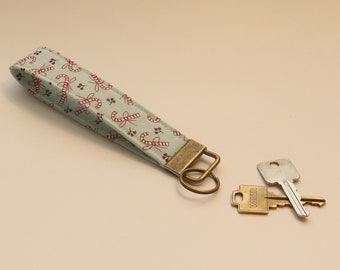 Key Fob Wristlet - Wrist Lanyard - Cute Kawaii Keychain - Candy Cane Print - Dark Gold Hardware