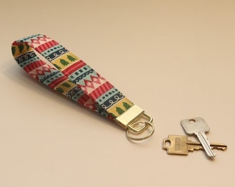 Key Fob Wristlet - Wrist Lanyard - Cute Kawaii Keychain - Christmas Stripe Print - Gold Hardware