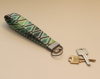 Key Fob Wristlet - Wrist Lanyard - Cute Kawaii Keychain - Retro Diamond Teal Print - Dark Silver Hardware