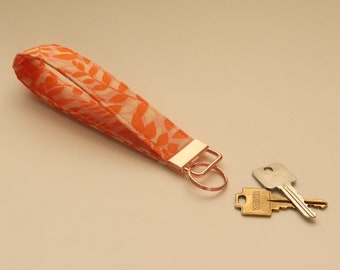 Key Fob Wristlet - Wrist Lanyard - Cute Kawaii Keychain - Pink and Orange Leaves Print - Rose Gold Hardware