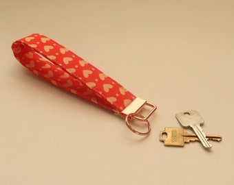 Key Fob Wristlet - Wrist Lanyard - Cute Kawaii Keychain - Pink Hearts Print - Rose Gold Hardware