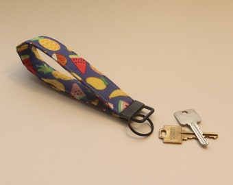 Key Fob Wristlet - Wrist Lanyard - Cute Kawaii Keychain - Tropical Fruit Print - Black Hardware