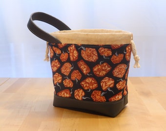 Small Drawstring Crochet Knitting Project Bag - Gifts for Knitters and Crocheters - Pumpkin Print