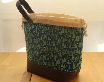 Medium Drawstring Crochet Knitting Project Bag - Gifts for Knitters and Crocheters - Snow and Pine Tree Print