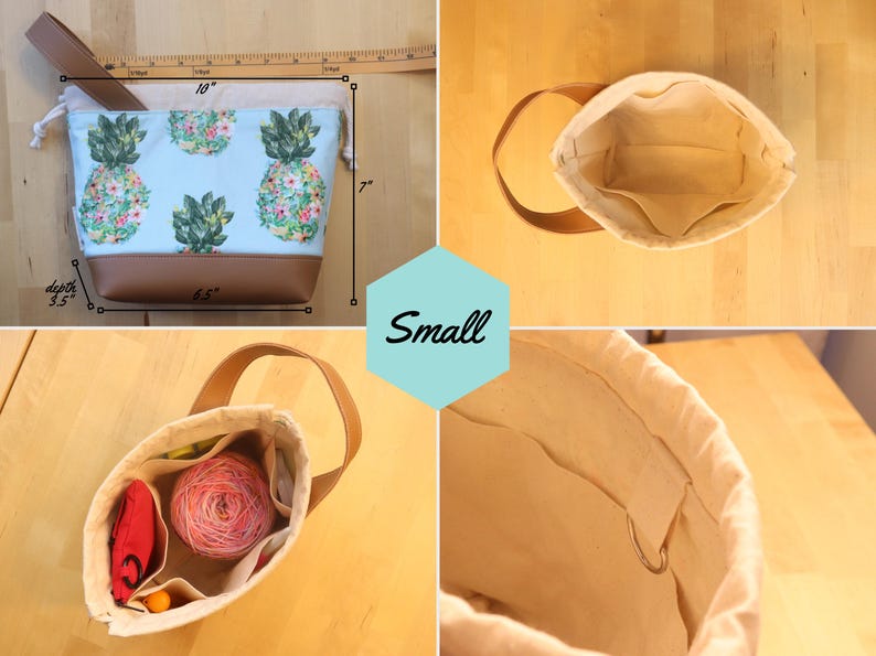 May include: A small, light blue canvas tote bag with a pineapple print and brown leather trim. The bag measures 10 inches wide, 7 inches tall, and 3.5 inches deep. The bag has a brown leather handle and a drawstring closure. The bag is shown with a yarn ball and other small items inside.