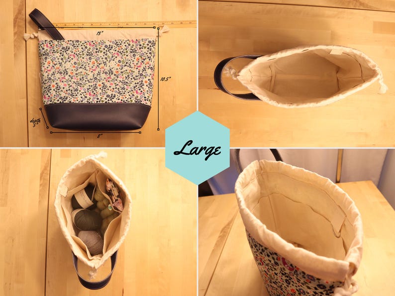 May include: A large, white cotton drawstring bag with a floral print lining. The bag is 10.5 inches tall and 6 inches wide. The bag is shown with yarn balls inside.