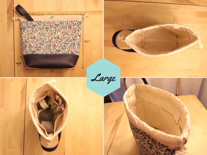 May include: Large floral print bag with a navy blue base and handle. The bag is 13 inches wide, 10.5 inches tall, and 5 inches deep. The bag is open in the top right image, and the interior is a light beige color.
