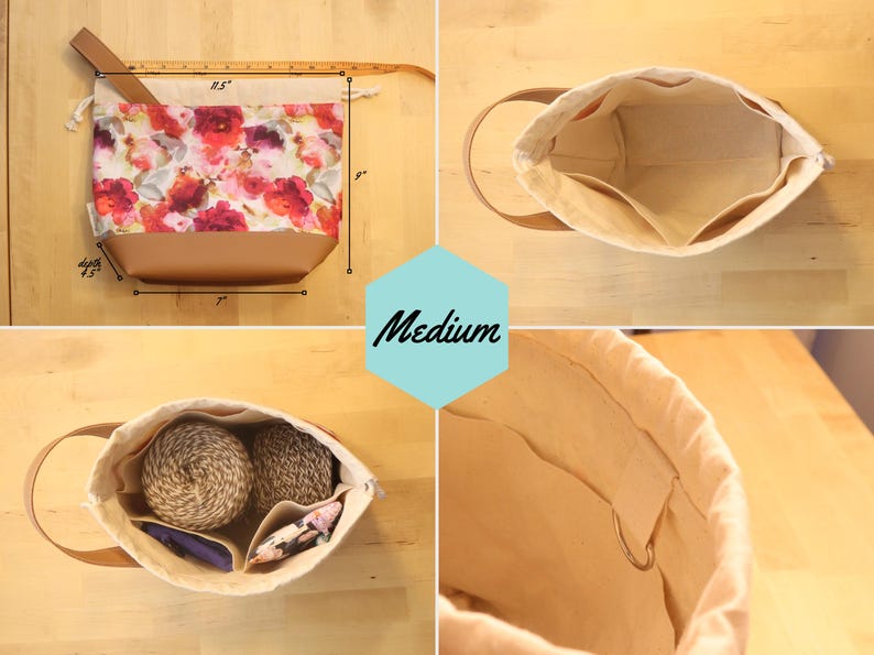 May include: A medium-sized beige canvas bag with brown leather handles. The bag has a drawstring closure and is lined with a floral fabric. The bag is 11.5 inches wide, 9 inches tall, and 7 inches deep. The bag is shown with yarn and other supplies inside.