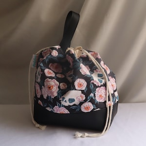 Drawstring Crochet Knitting Project Bag - Small/Medium/Large - Gifts for Knitters and Crocheters - Floral Skull Print image 1
