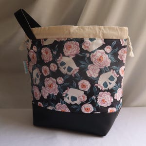 Drawstring Crochet Knitting Project Bag - Small/Medium/Large - Gifts for Knitters and Crocheters - Floral Skull Print image 2