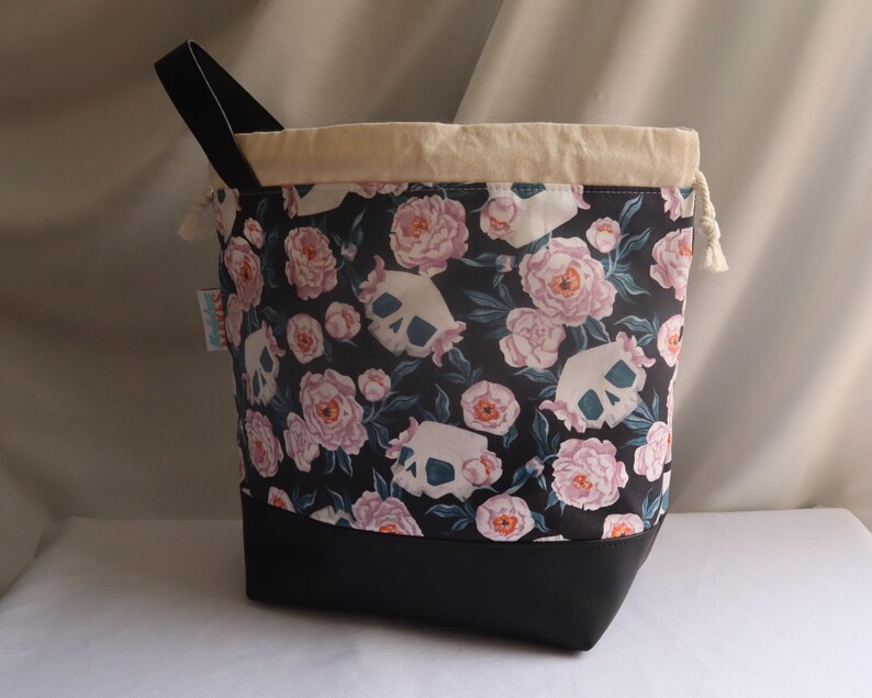 Drawstring Crochet Knitting Project Bag - Small/Medium/Large - Gifts for Knitters and Crocheters - Floral Skull Print image 2