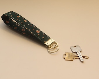 Key Fob Wristlet - Wrist Lanyard - Cute Kawaii Keychain - Dark Green Small Flower Print - Gold Hardware