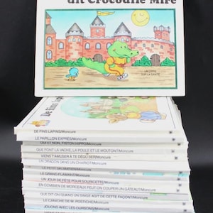 May include: A pile of children's books with vibrant covers. The top book displays a cartoon crocodile and a castle illustration with the text "Garde ton sourire, dit Crocodile Mire". These books are likely educational.