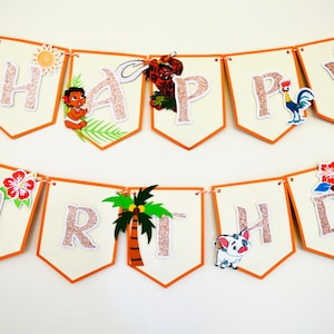 May include: A pink and orange banner with the words "Happy Birthday" in white letters with glitter. The banner has various characters from the movie Moana, including Maui, Pua, and Hei Hei.