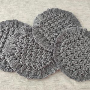 Coaster / Mug Rug - Gray Round Macrame Fringe - Handmade Boho Home Decor