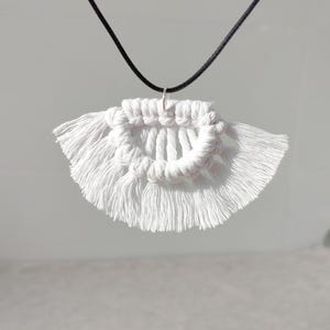 White Fringe Pendant Necklace - Handmade Macrame Boho Half Moon Statement Piece