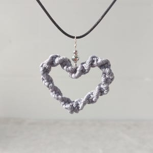 Necklace / Pendant - Gray Twisted Macrame Heart on Leather Cord - Handmade Valentine