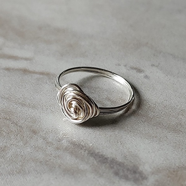 Silver Wire Rose Ring - Handmade Flower 20 gauge wire