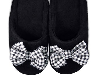 Shib Squared Checkered Bow Home Slippers - Black