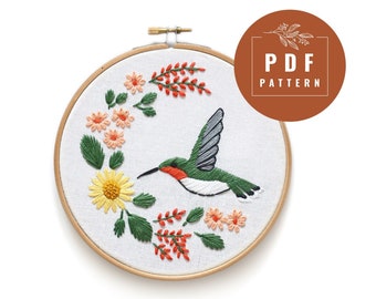 Embroidery PDF Pattern For Beginner - Hummingbird Hand Embroidery Design - Flower Cross Stitch Kit - Floral Digital Download