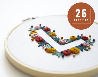 Letter Embroidery PDF Pattern - Floral Alphabet - Hand Embroidery Design - Monogram Cross Stitch Kit - Initial Embroidery Hoop Art