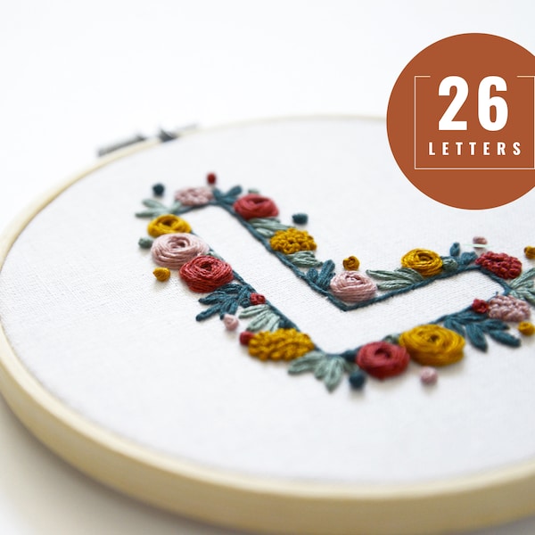 Letterborduurwerk PDF-patroon - Bloemenalfabet - Handborduurontwerp - Monogram Cross Stitch Kit - Eerste borduurhoepel Art