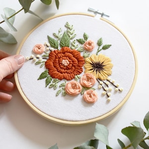 Floral Embroidery PDF Pattern: Beginner Spring Flower Design (6&#39;&#39; Hoop)