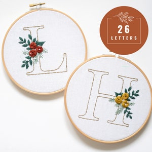 Patrón de bordado de 26 letras - Diseño inicial de bordado a mano - Patrón PDF del alfabeto floral - Punto de cruz del monograma de la boda