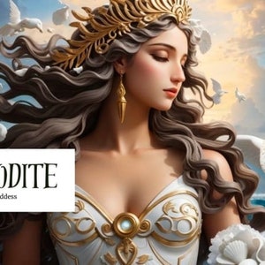 May include: Aphrodite, the Greek Goddess of Love and Beauty, is depicted in a digital painting. She has long flowing brown hair, a golden crown, and is wearing a white dress with gold accents. She is surrounded by white doves and seashells.