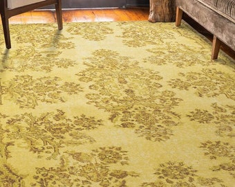 Tapis jaune, moutarde 8 x 10, tapis Boho-chic unique de style vintage, idéal pour le tapis rond de la salle à manger, toutes les tailles disponibles