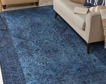 Tapis bleu pour le salon, tapis bleu 8 x 10, tapis boho-chic unique de style vintage, idéal pour le tapis rond de salle à manger, toutes les tailles disponibles