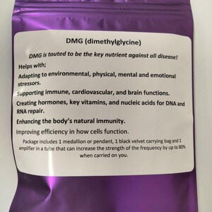 May include: Purple pouch with a white label that reads "DMG (dimethylglycine)". The label explains that DMG is touted to be the key nutrient against all disease and lists its benefits, including supporting immune, cardiovascular, and brain functions.