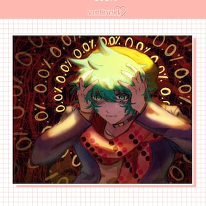 以下が含まれることがあります： 緑色の髪と黄色の帽子をかぶった人物が、両手で頭を覆っているデジタルイラスト。背景は赤と黒のパターンで、「0.0%」という文字が繰り返し書かれている。