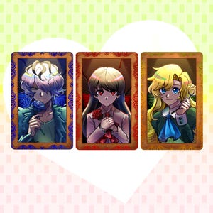 May include: Three rectangular art prints featuring anime-style characters in ornate frames. The left print shows a person with light hair holding a blue rose. The centre print depicts a person with dark hair holding a red rose. The right print shows a person with blonde hair holding a yellow rose.