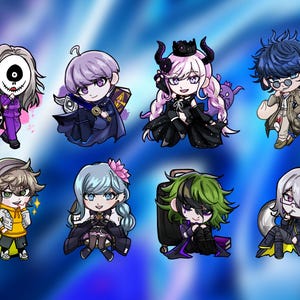 May include: Eight colourful anime-style character illustrations with different expressions and outfits. The characters are drawn in a chibi style, with large heads and small bodies. The characters are all wearing different outfits, including a purple jacket, a black dress, a white shirt, and a yellow hoodie.