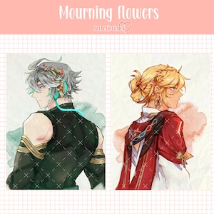 Puede incluir: Dos personajes de estilo anime con flores en el pelo. El personaje de la izquierda tiene el pelo plateado y lleva un atuendo verde oscuro y dorado. El personaje de la derecha tiene el pelo rubio y lleva un atuendo rojo y blanco.