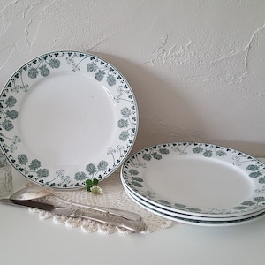 May include: White ceramic plates with a green clover pattern border. The image shows two plates, one large and one stack of two smaller oval plates. Also included are two glass salt shakers and a silver knife and spoon.
