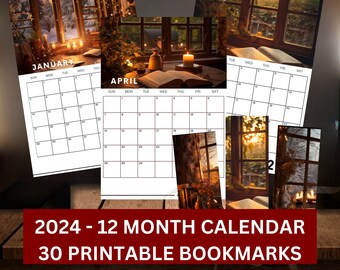 Calendrier des saisons enchantées pour les amateurs de livres 2024 avec lot de 30 signets sur le thème, JPG/SVG/PDF, Cricut, impression et découpe, usage commercial