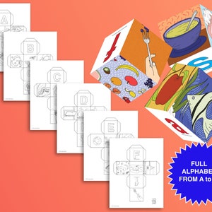 Puede incluir: Un conjunto de seis páginas para colorear imprimibles que presentan las letras del alfabeto de la A a la F. Cada página representa un cubo con seis lados, cada lado contiene una imagen diferente relacionada con la letra. Las imágenes son dibujos en blanco y negro. Los cubos están etiquetados con la letra que representan. Las páginas están diseñadas para ser recortadas y dobladas en cubos.