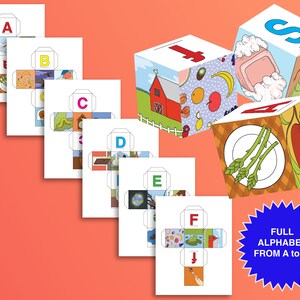 ¡Aprende el abecedario de la A a la Z! Cubos de letras ilustrados imprimibles, actividad de aprendizaje infantil, descarga digital.