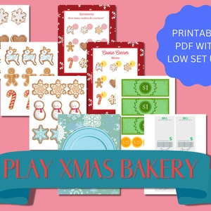 May include: Printable Christmas bakery playset with a blue, green, and red color scheme. The set includes a menu, inventory sheet, play money, and order slips. The text on the menu reads "Cookie Corner Menu". The text on the inventory sheet reads "Inventory How many cookies do you have?"