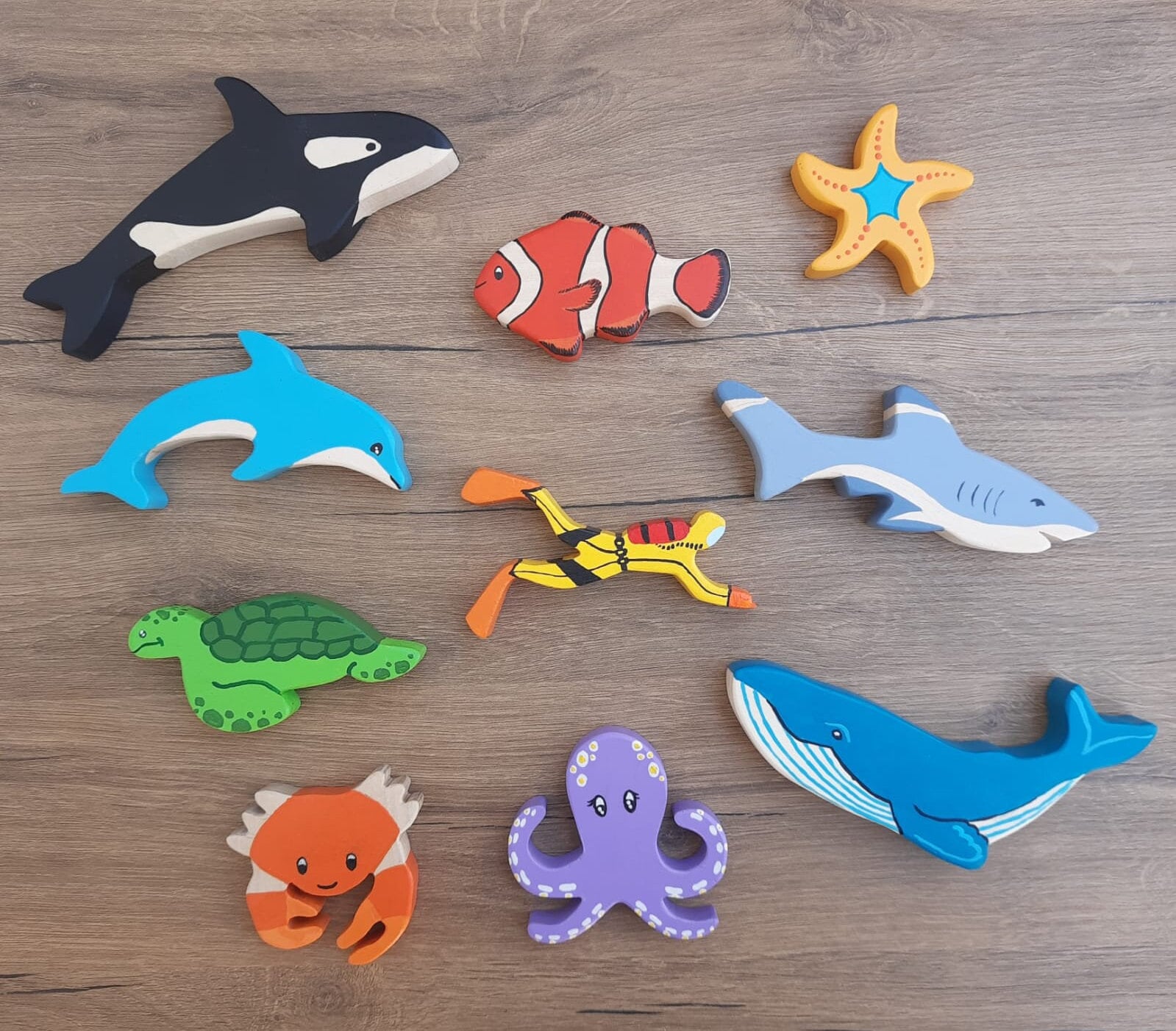 Wooden hand painted coral and natural maple wood seahorse set, ocean