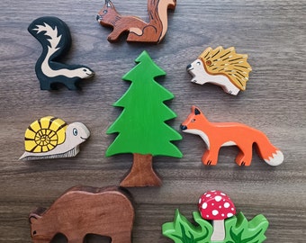 Handmade Wooden Toy Animals , Woodland Animals Figure  , Forest Animals Toys Set ,  Birthday Gift For Kids , Kids Room Decor ,Montessori Toy