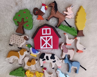 Juego de figuras de animales de granja de madera Natural, juego de juguetes de granja hechos a mano, artículos educativos Montessori Waldorf, mascotas de madera hechas a mano