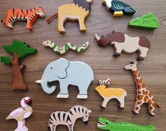 African Safari Wooden Animals Toy Set, Natural Wild Figure Toys For Kids, Craft Kits For Kids , Handmade Kids Room Decor , Montessori Toys